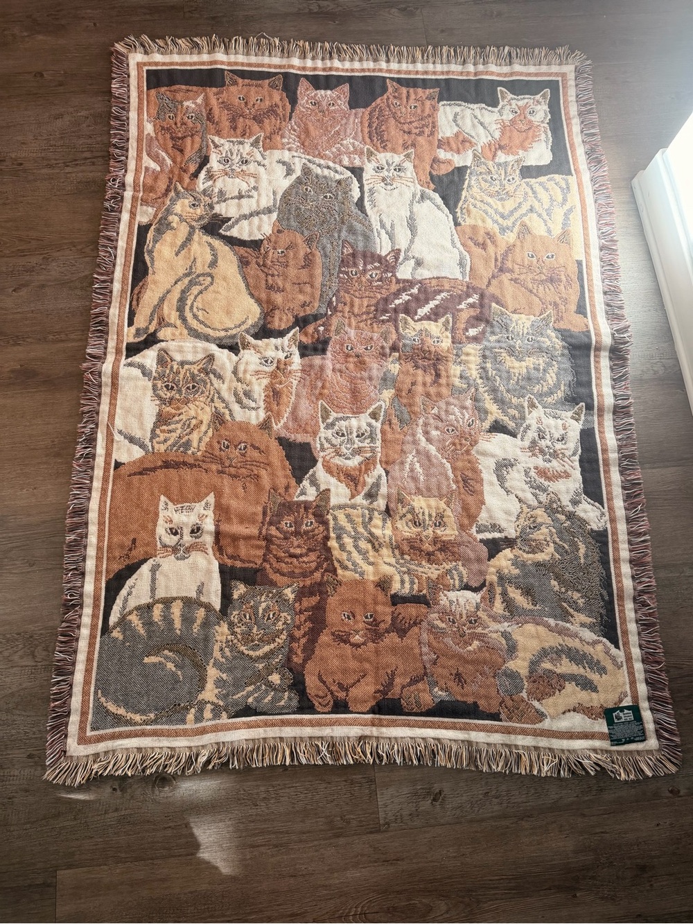 Vintage Goodwin Weavers Cat Tapestry Throw Blanket 60x44 Cotton USA Fringe